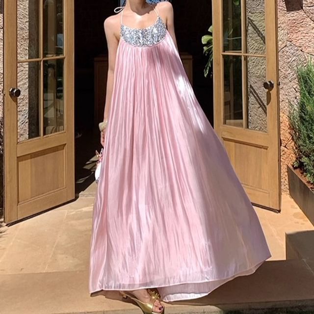 JIYON-Halter Sequin Maxi Sundress