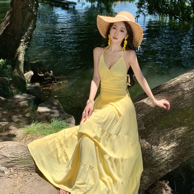 JIYON-Halter V-Neck Plain Maxi A-Line Dress