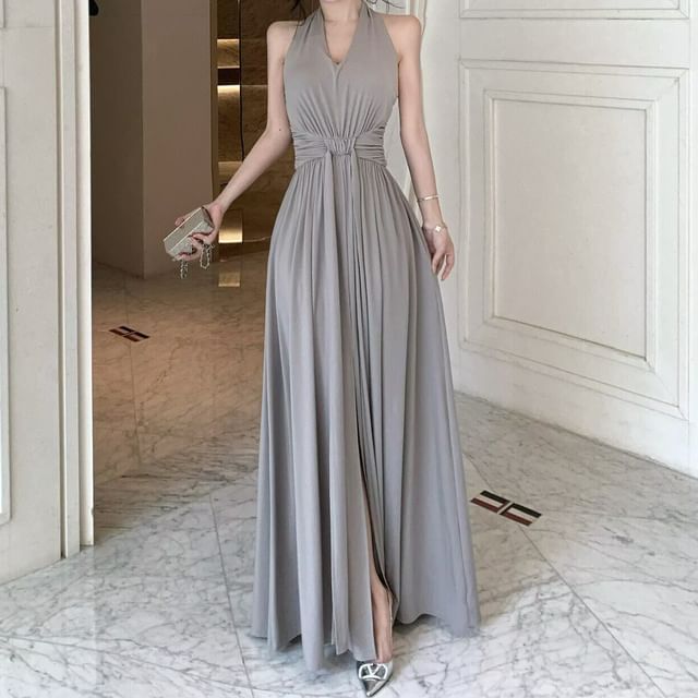 JIYON-Halter V-Neck Plain Ruched Maxi A-Line Dress