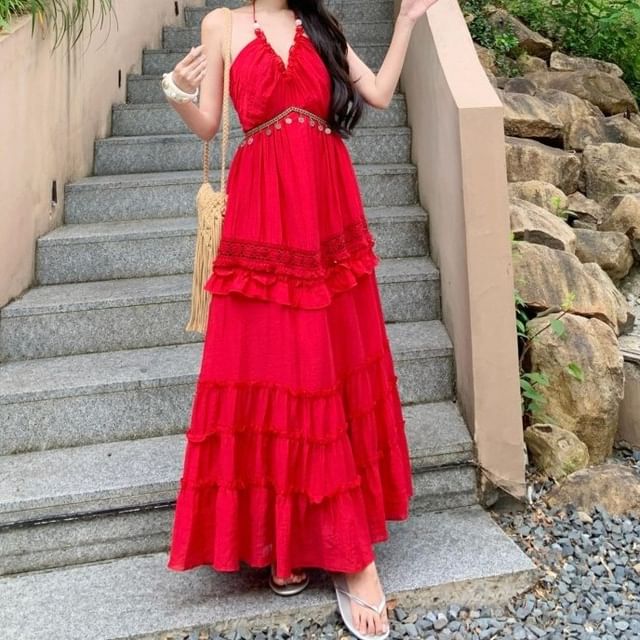 JIYON-Halter V-Neck Plain Ruffle Trim Maxi A-Line Dress