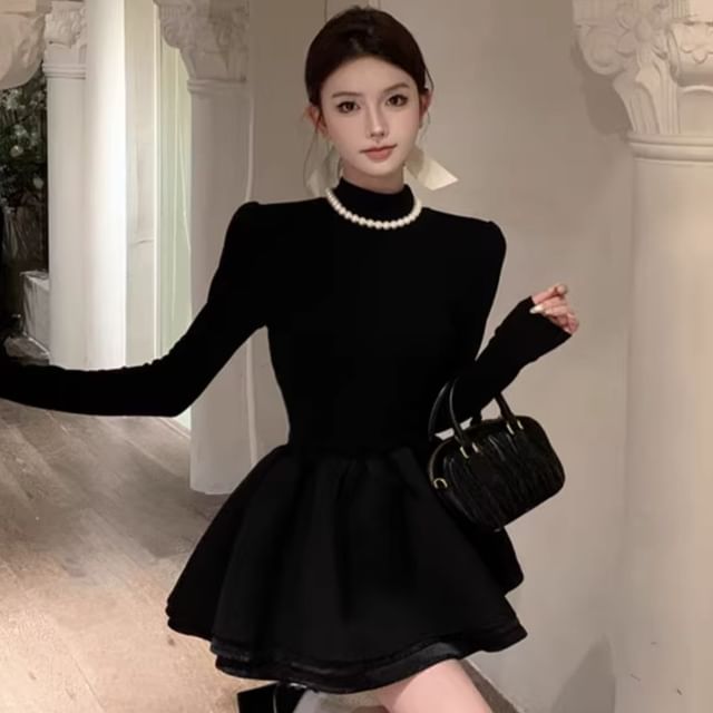 JIYON-Long Sleeve Mock Neck Plain Panel Mini A-Line Dress
