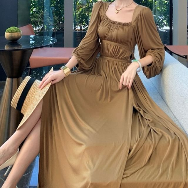 JIYON-Long-Sleeve Square Neck A-Line Evening Gown