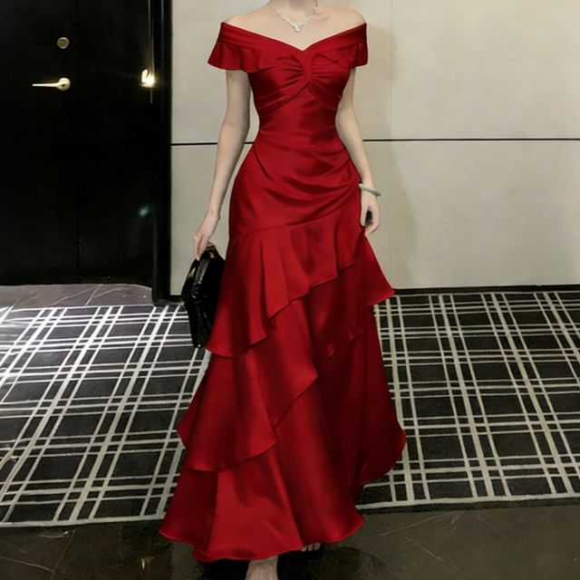 JIYON-Off Shoulder Ruffle Plain A-Line Evening Gown