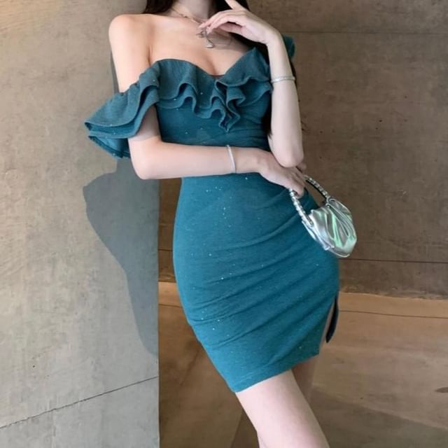 JIYON-Off Shoulder Ruffle Plain Mini Bodycon Dress