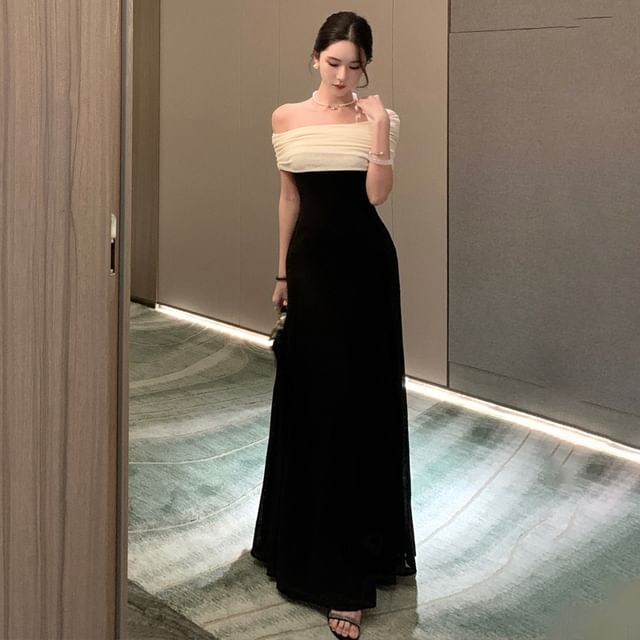 formal two tone dress Off-Shoulder Sleeveless Pleated Formal Gowns Tube Top Two Tone Satin E –  Laxag main image 0