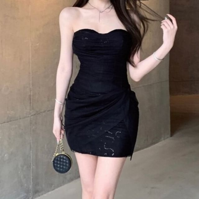 JIYON-Plain Ruched Panel Mesh Mini Sheath Tube Dress