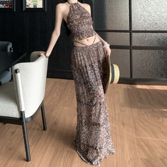 JIYON-Set Halter Leopard Print Tie Back Top Mid Waist Tiered Maxi A-Line Skirt