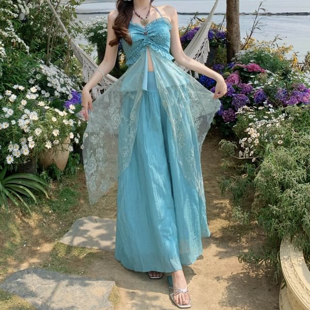 JIYON-Set Halter Shirred Ruffle Slit Panel Lace Top High Rise Plain Wide Leg Pants