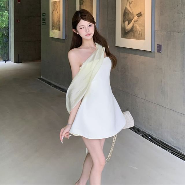 JIYON-Set Strapless Plain Mini A-Line Dress Scarf