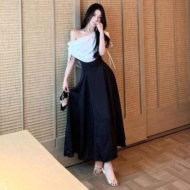JIYON-Short Sleeve One Shoulder Drawstring Panel Maxi A-Line Dress
