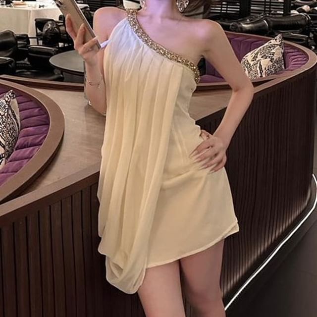 JIYON-Single Shoulder Glitter Trim Mini A-Line Party Dress