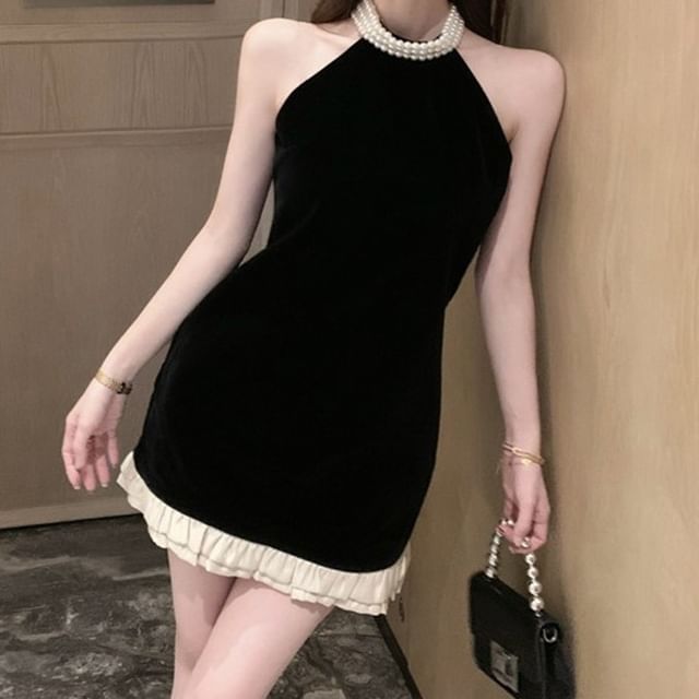 JIYON-Sleeveless Beaded Trim Mini Bodycon Dress