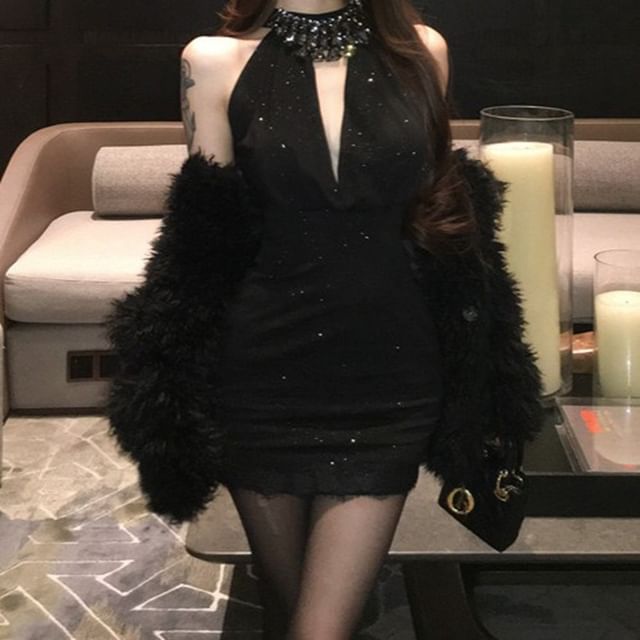 JIYON-Sleeveless Glitter Mini Bodycon Dress