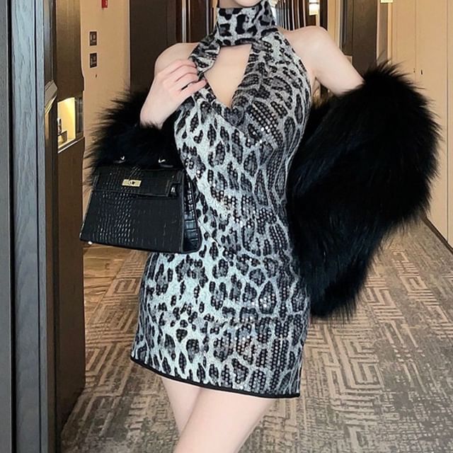 JIYON-Sleeveless Mock Neck Leopard Mini A-Line Dress