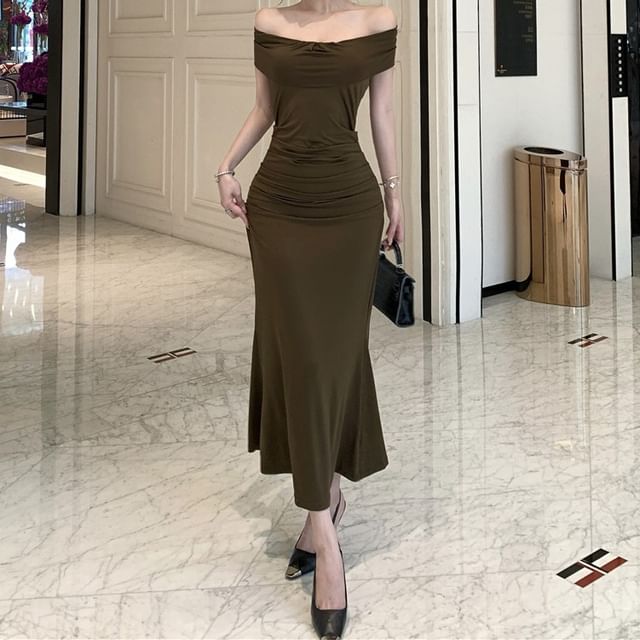 JIYON-Sleeveless Off Shoulder Plain Ruched Cutout Back Maxi Sheath Dress