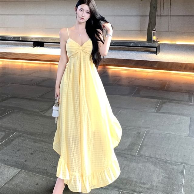 JIYON-Sleeveless Open Back Plain Maxi A-Line Dress
