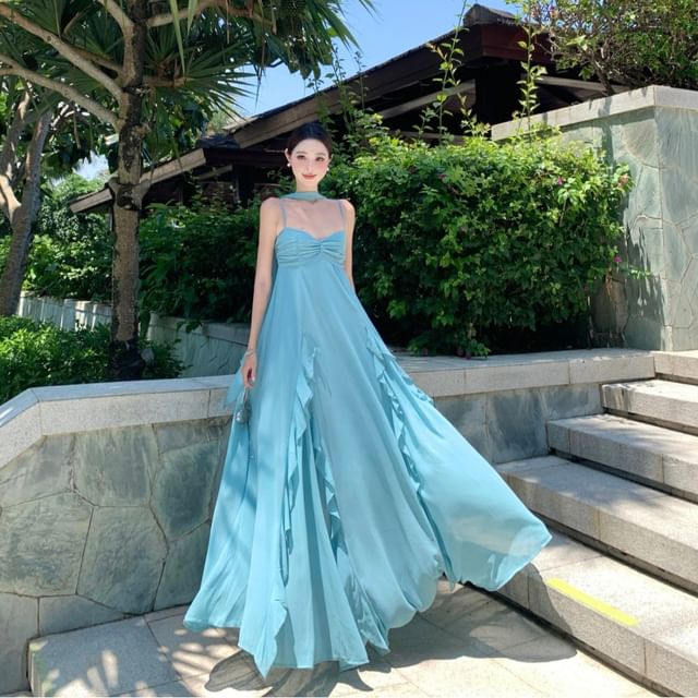JIYON-Sleeveless Open Back Plain Maxi A-Line Dress