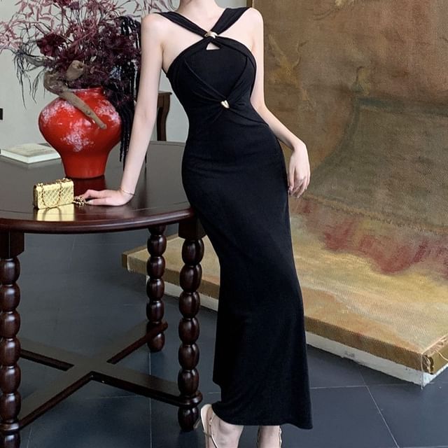 JIYON-Sleeveless Plain Panel Maxi Sheath Dress