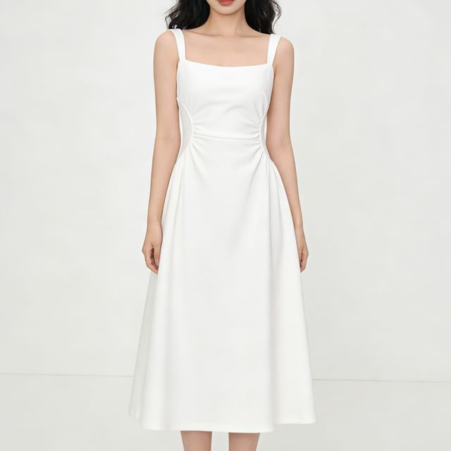 JIYON-Robe midi trapèze unie sans manches à encolure carrée