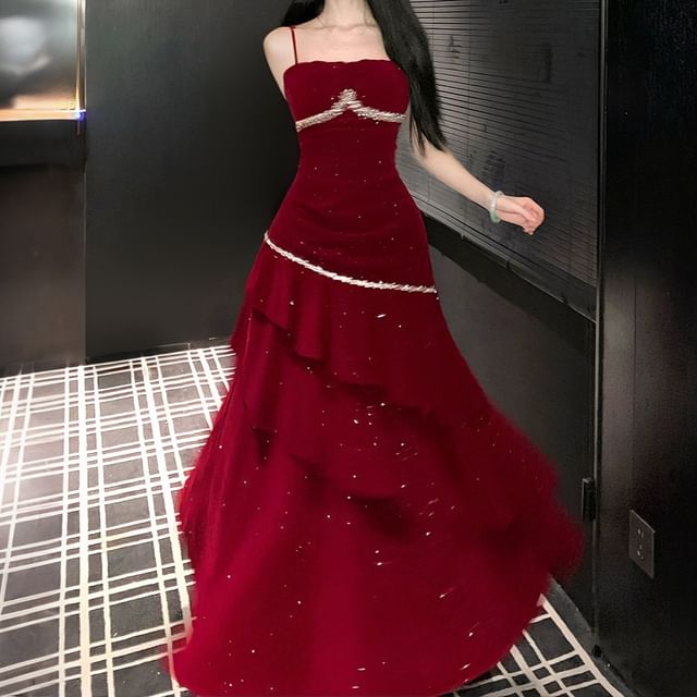 JIYON-Spaghetti Strap Glitter Asymmetrical A-Line Evening Gown