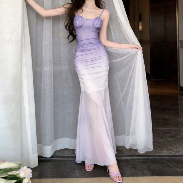 JIYON-Spaghetti Strap Gradient Ruched Maxi Mermaid Dress