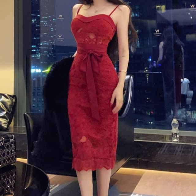 JIYON-Spaghetti Strap Lace Midi Bodycon Dress