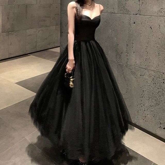 JIYON-Spaghetti Strap Mesh A-Line Evening Gown