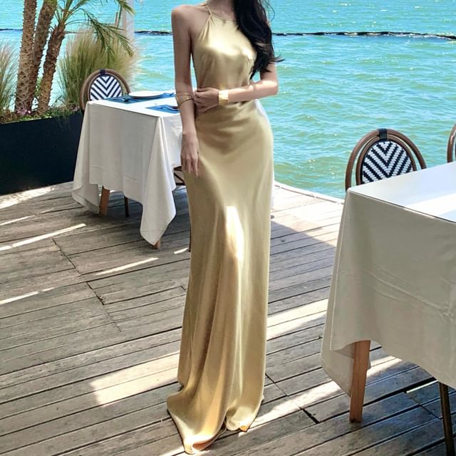 JIYON-Spaghetti Strap Plain Backless Rhinestone Maxi Bodycon Dress
