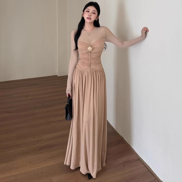JIYON-Spaghetti Strap Plain Gathered Maxi A-Line Dress