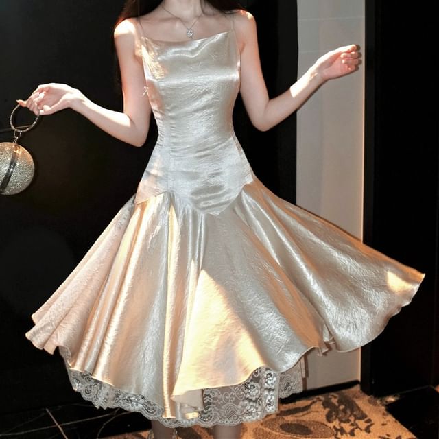 JIYON-Spaghetti Strap Plain Glitter Mini A-Line Dress