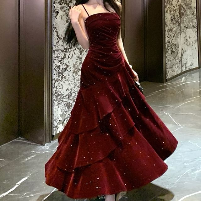 JIYON-Spaghetti Strap Plain Glitter Tiered Velvet A-Line Evening Dress