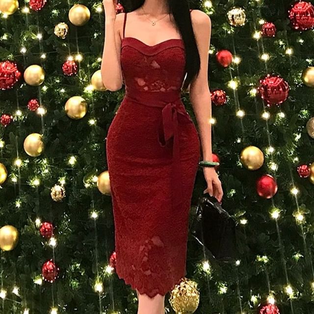 JIYON-Spaghetti Strap Plain Lace Midi Sheath Dress