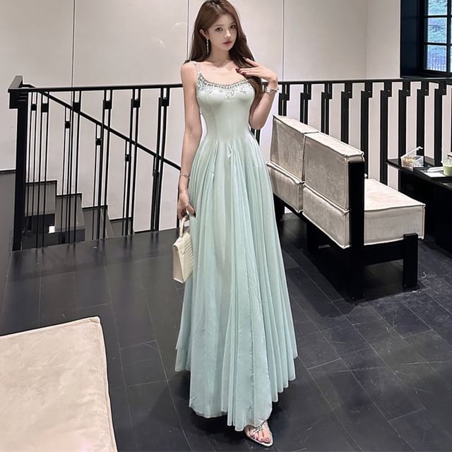 JIYON-Spaghetti Strap Plain Rhinestone Maxi A-Line Dress