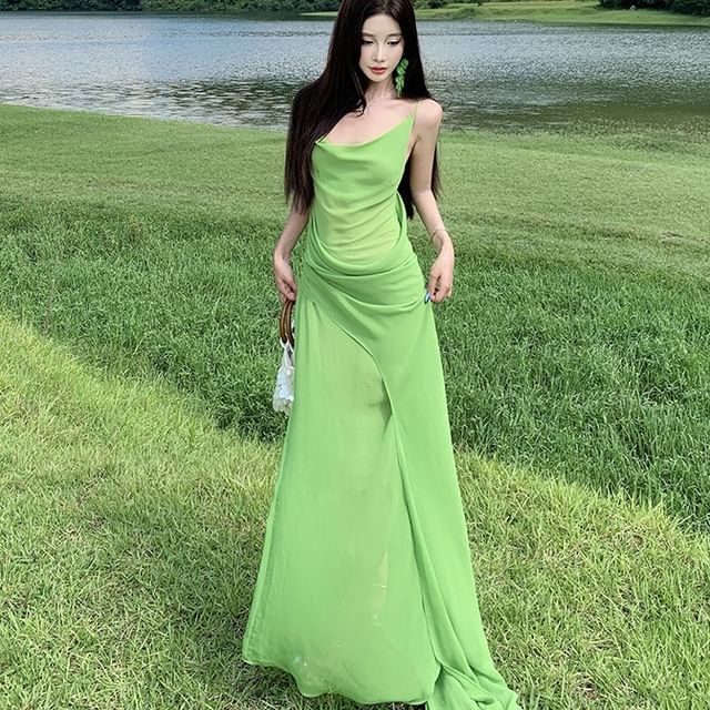 JIYON-Spaghetti Strap Plain Ruched Backless Maxi A-Line Dress