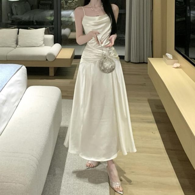 JIYON-Spaghetti Strap Plain Ruched Maxi A-Line Dress
