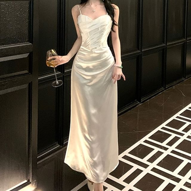 JIYON-Spaghetti Strap Plain Ruched Satin Sheath Evening Dress
