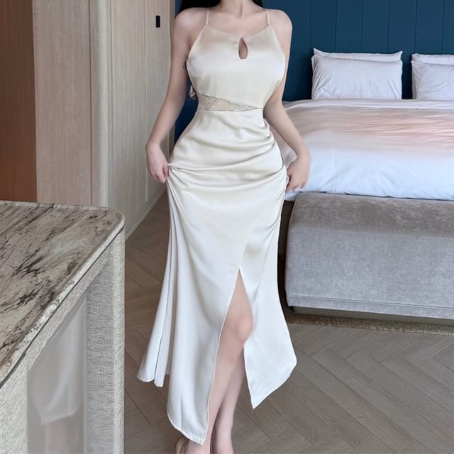 JIYON-Spaghetti Strap Plain Ruched Slit Keyhole Maxi Sheath Dress