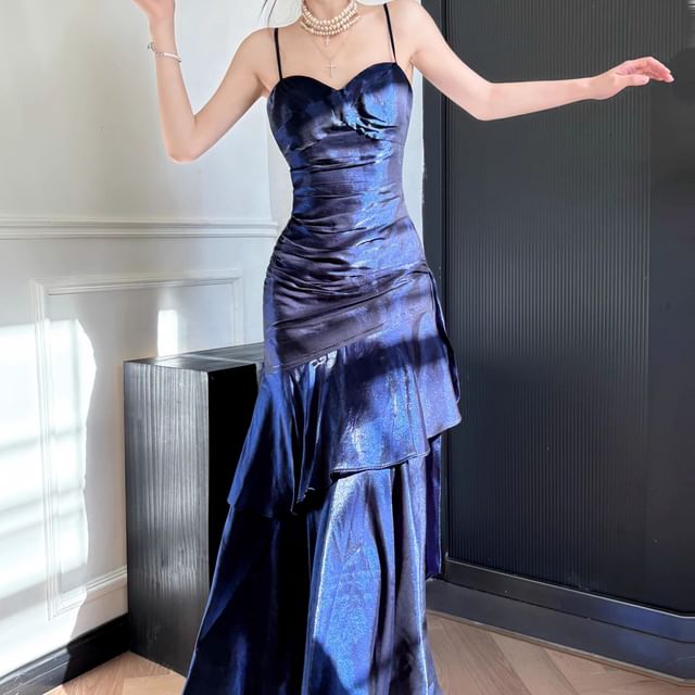 JIYON-Spaghetti Strap Plain Ruffle Panel Trumpet Evening Dress