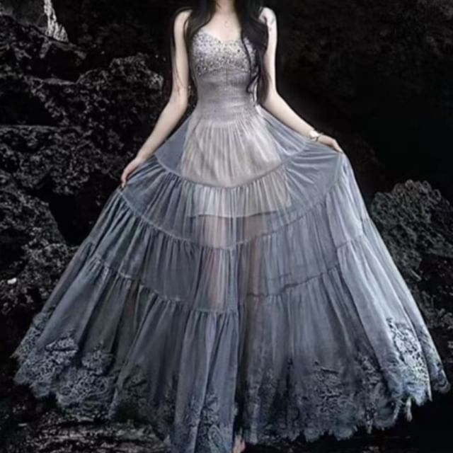JIYON-Spaghetti Strap Rhinestone Sheer Maxi Evening Gown