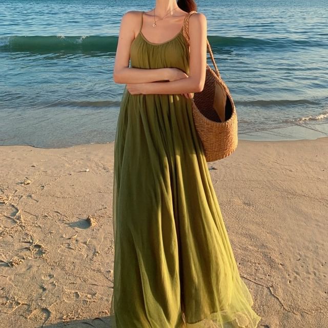 JIYON-Spaghetti Strap Scoop Neck Plain Open Back Mesh Maxi Sundress