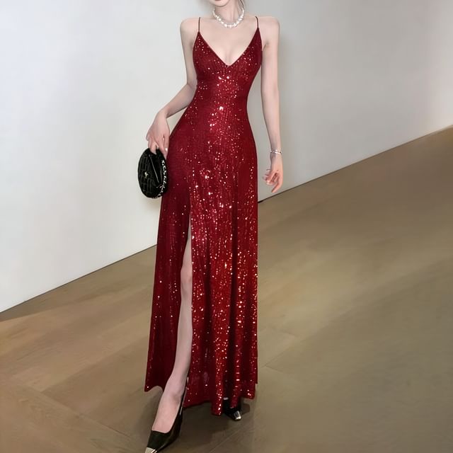 JIYON-Spaghetti Strap Sequin A-Line Evening Gown