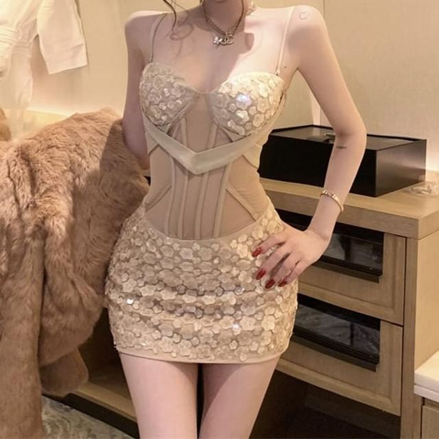JIYON-Spaghetti Strap Sequined Fishbone Bodycon Cocktail Dress