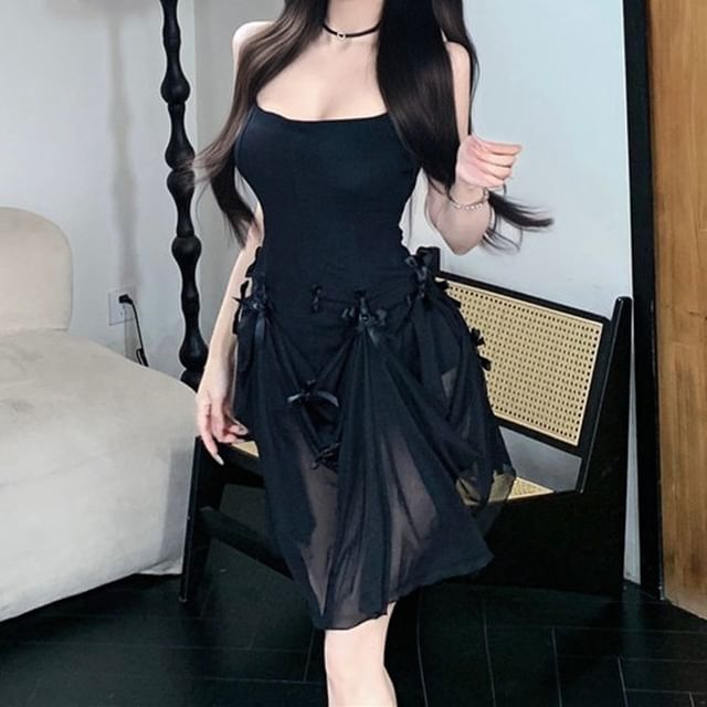 JIYON-Spaghetti Strap Sheer Maxi A-Line Dress