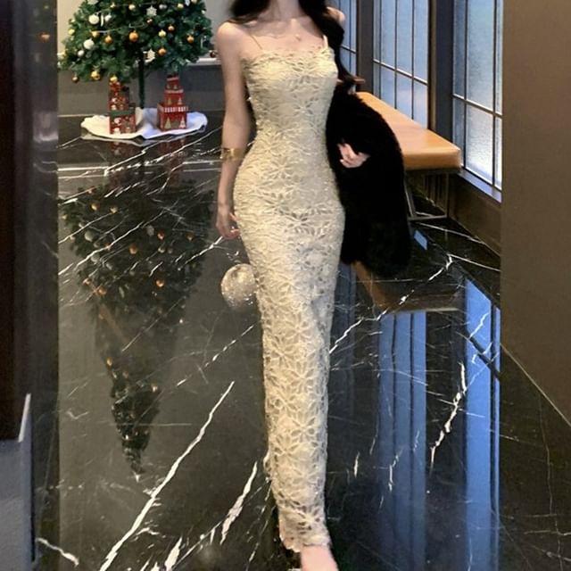JIYON-Spaghetti Strap Slit Lace Maxi Sheath Dress