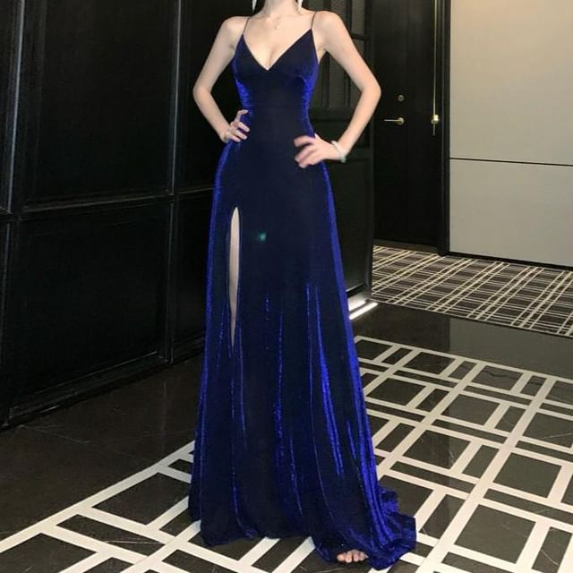 JIYON-Spaghetti Strap Slit Velvet A-Line Evening Gown