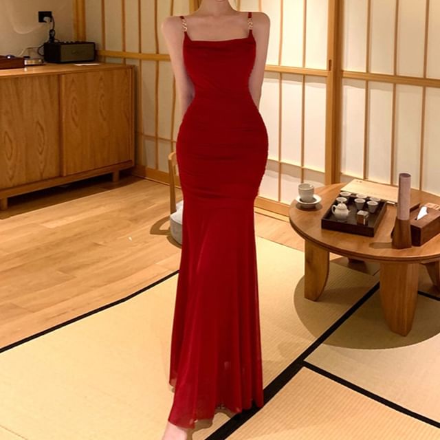 JIYON-Spaghetti Strap Square Neck Plain Maxi Bodycon Dress