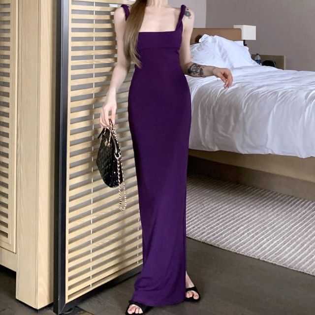 JIYON-Spaghetti Strap Square Neck Plain Maxi Sheath Dress