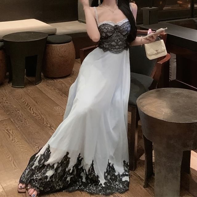JIYON-Spaghetti Strap Sweetheart Neck Lace Panel Evening Gown