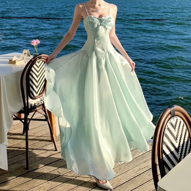 JIYON-Spaghetti Strap Sweetheart Neck Plain Sheer Panel Maxi A-Line Dress