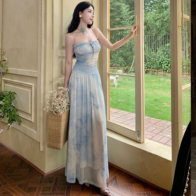 JIYON-Spaghetti Strap Tie-Dye Maxi A-Line Dress